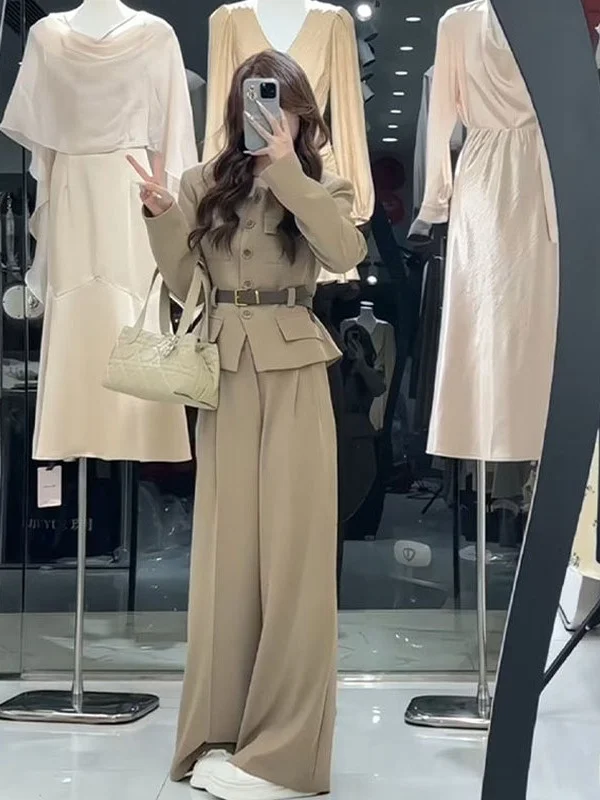 

Fashionable Women's Autumnal Two-Piece Suit Set with Wide-Leg Pants And Elegant Jacket High Waist Long Pants Minimalist Style
