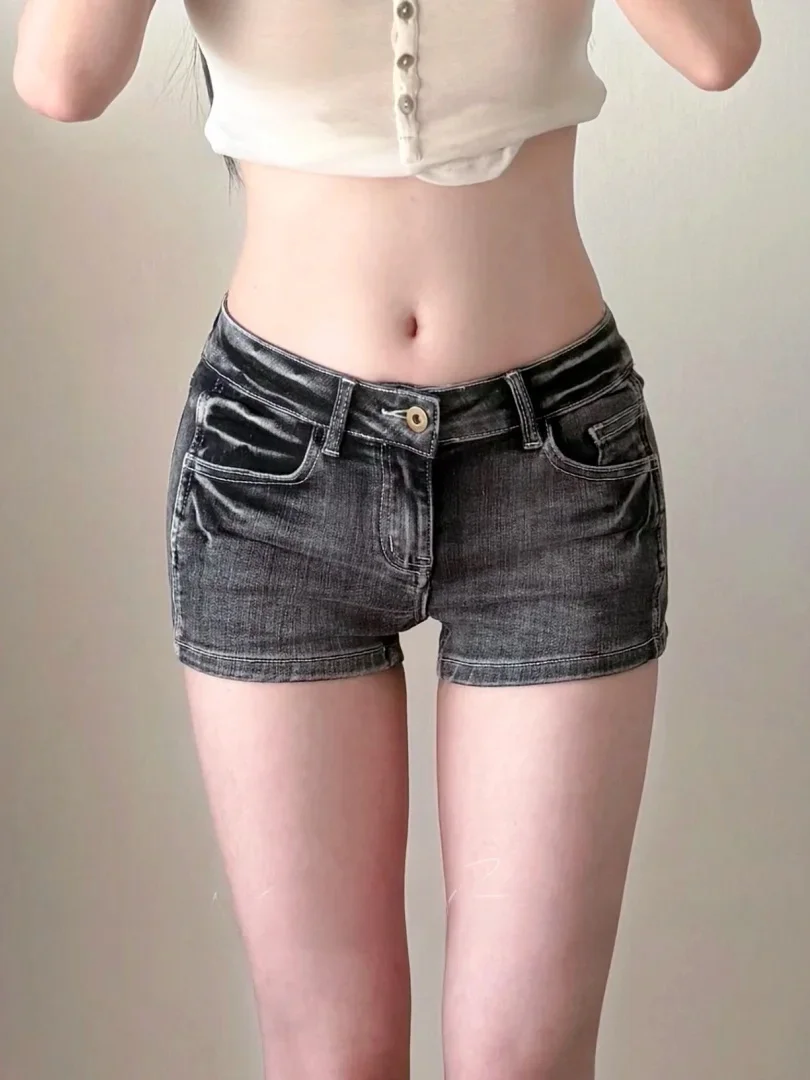 Retro Low Waist Distressed Denim Shorts Sexy Girl Butt Enhancing Slimming Hot Pants Low Waist Hip Enlarging Vintage Shorts