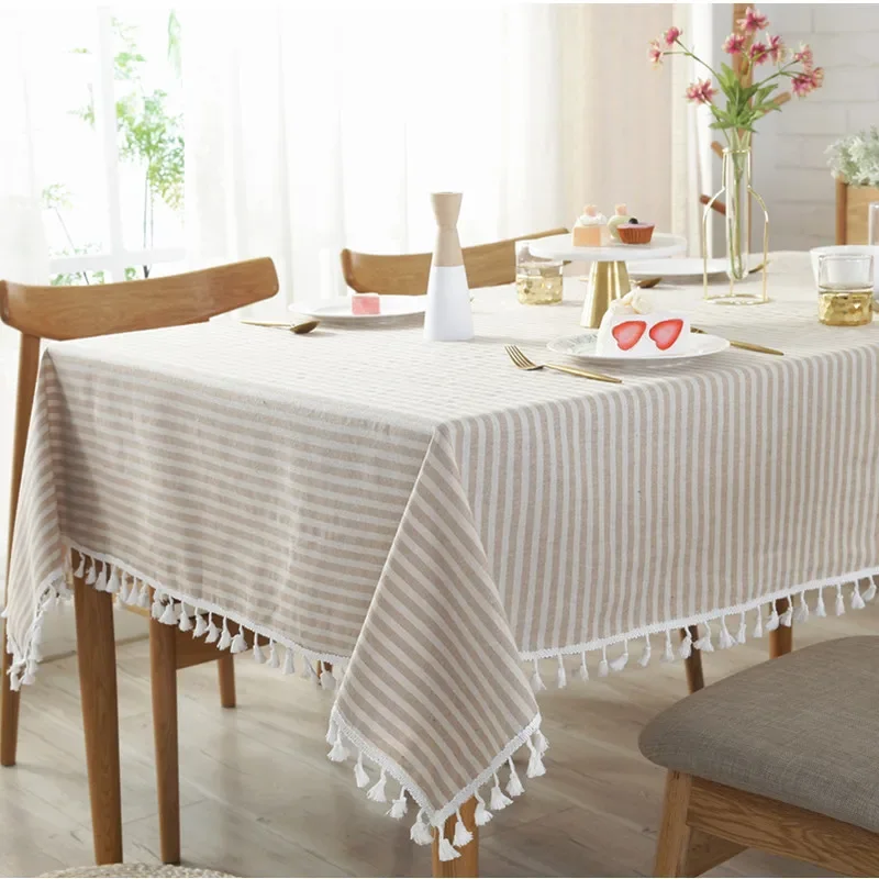 Quality Dining Tablecloth Rectangle Cotton Linen Stripe Print Table Cloth Tassels Home Kitchen Banquet Cover 1pc