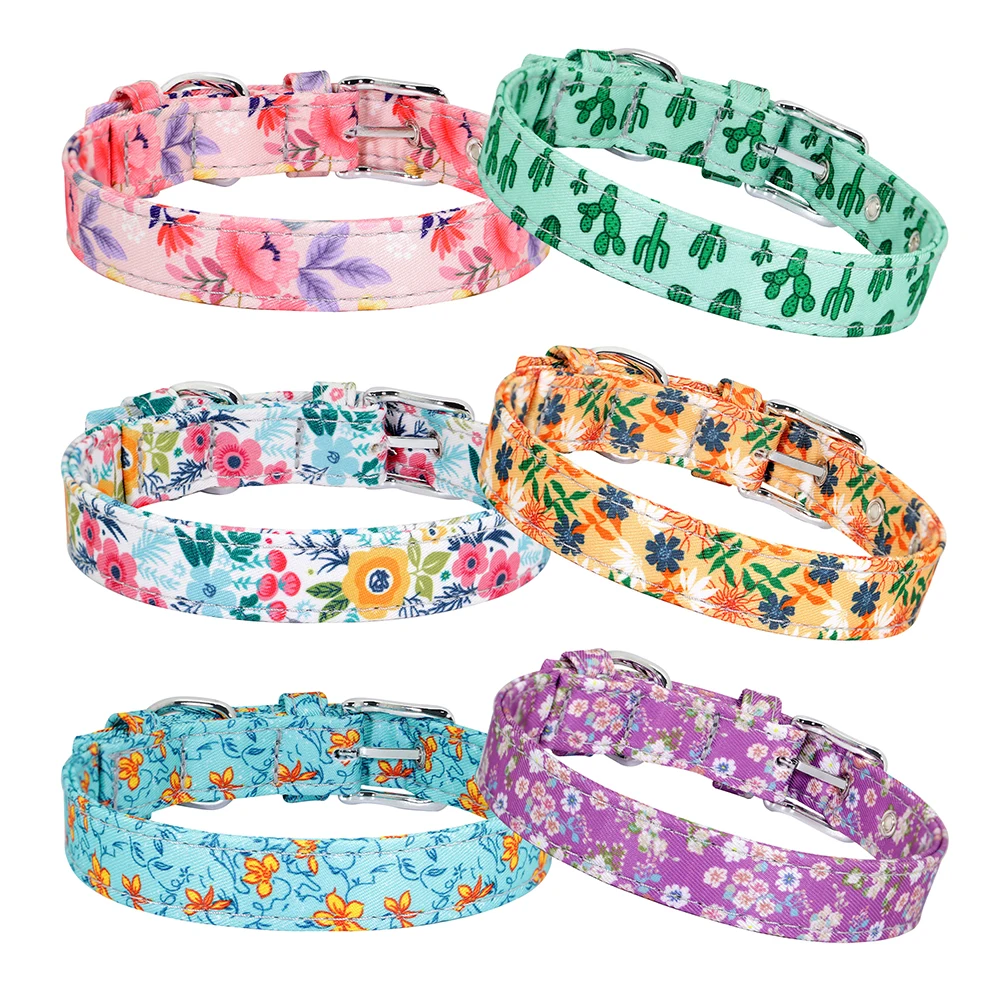 Small Dog Collar Nylon Print Puppy Cat Necklace Adjustable Medium Dogs Kitten Collars Floral Printed Pet Necklaces For Dogs Cats