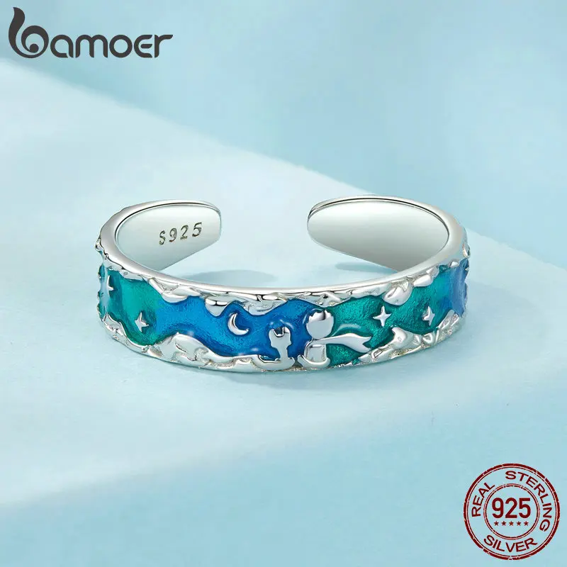 Bamoer 925 sterling silber märchen ringe, kleiner prinz und fuchs offene ringe einzigartige niedliche schmuck geschenke für frauen scr1021