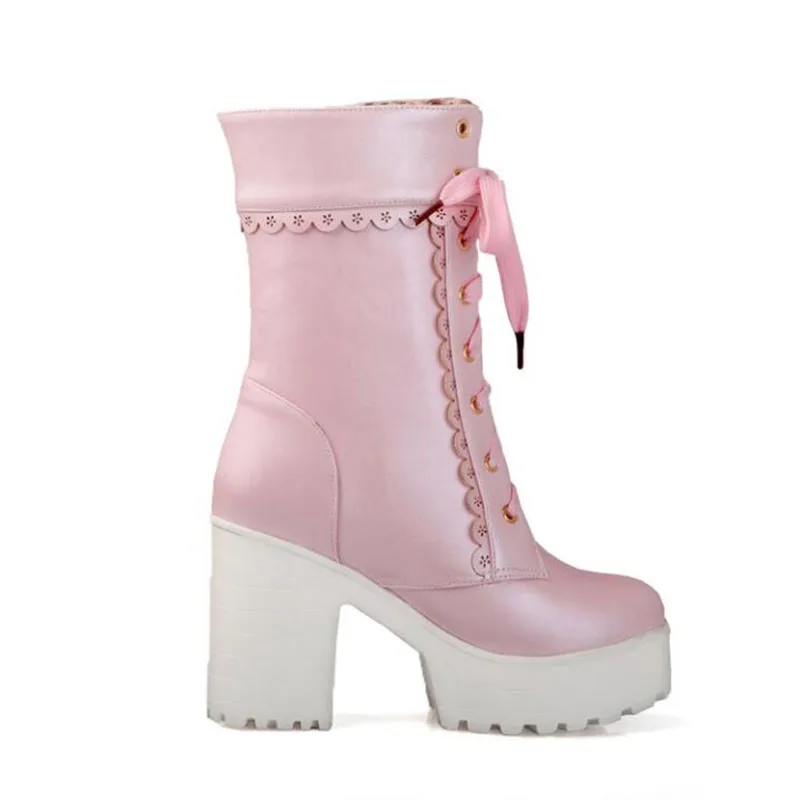 KNCOKAR Autumn Winter New Elegant Lace Lacing Belt Europe And America Boot Thick Heel High Heel Round Head Female Shoe