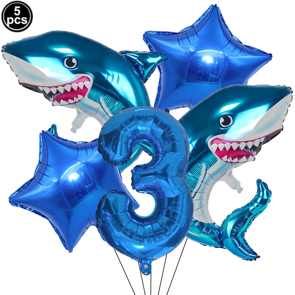 5pcs Cartoon Blue Shark Number Digital Balloons Set Boys Ocean Marine Animals Birthday Party Decor Supplies Kids Favor Gifts