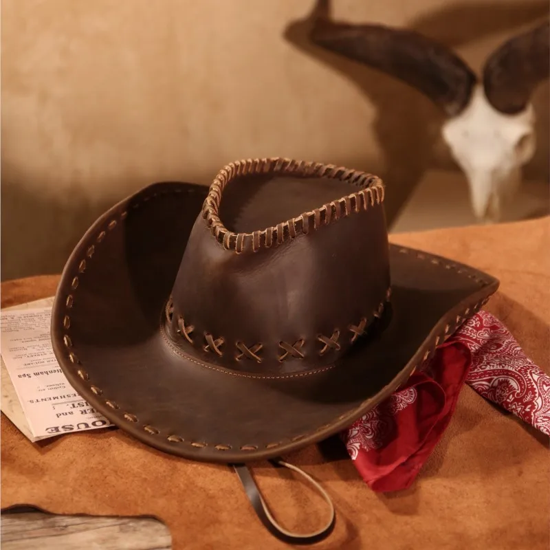 Handmade leather outdoor hat vacation and travel style top layer wide-brimmed