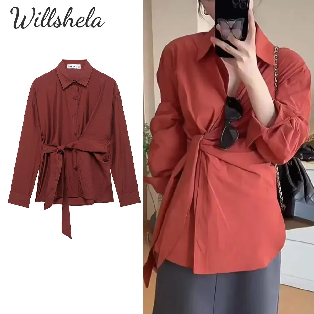 

Willshela Women Fashion Design Shirt with Sashes Lapel Collar Long Sleeves Female Chic Lady Casual Mujer Tops Blouse
