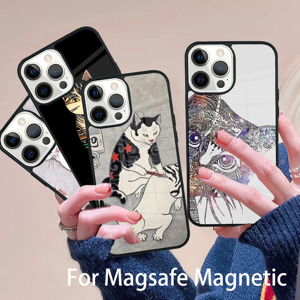 

Animal Cat Tattoo Phone Case Magesafe Magnetic Wireless Charge Cover For IPhone 16 11 12 13 14 15 Pro Max Plus Mini