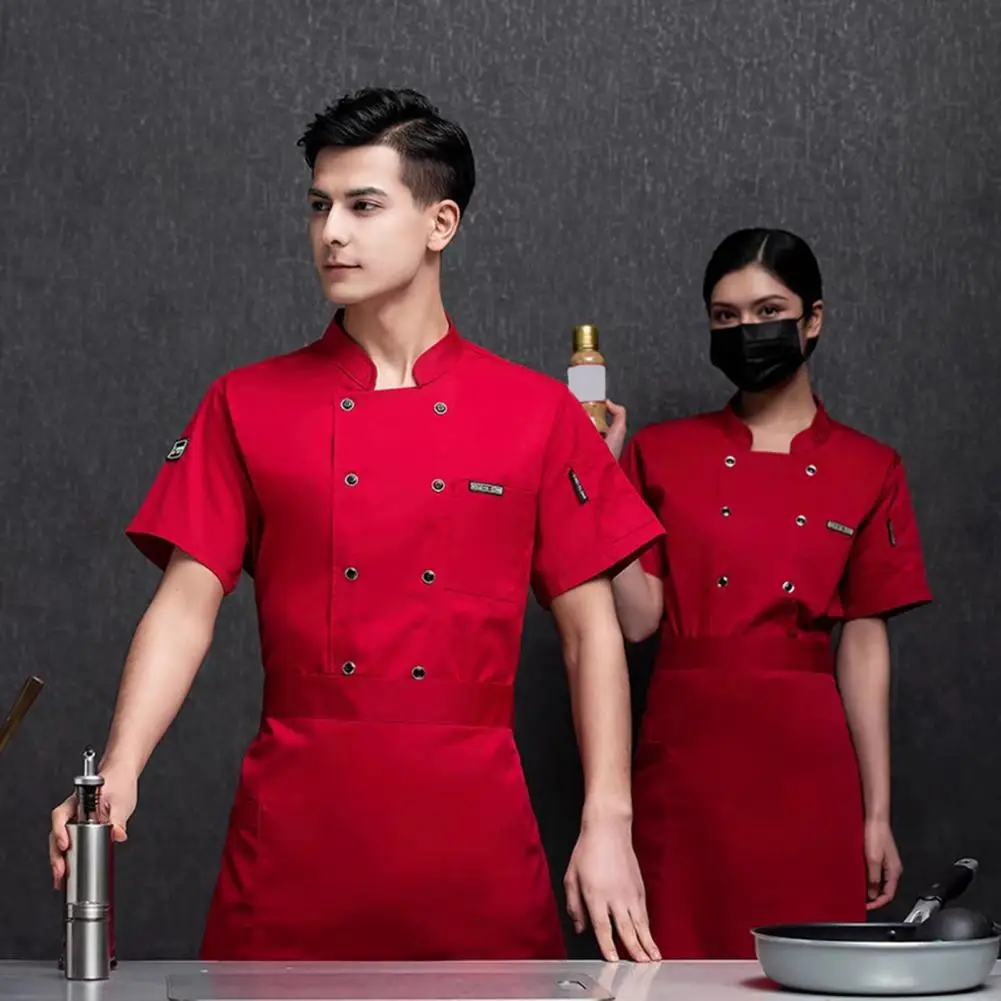 Cook Work Attire Jacket Breathable Double-breasted Chef Shirt with Soft Stand Collar Chest Pocket Stain-resistant for Restaurant