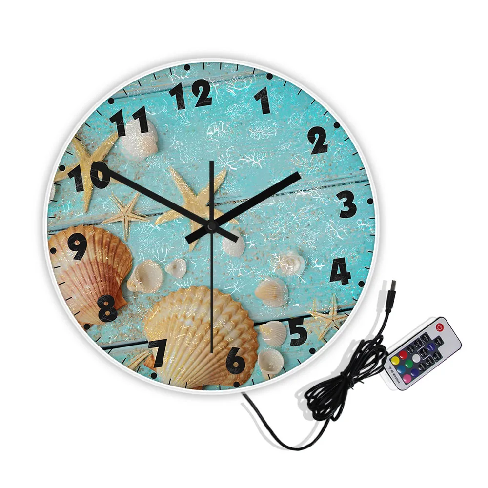 Coastal Seashell Starfish LED Color Changing Wall Clock Nautical Home Decor Marine Ocean Neon Light Sign Glowing LED Wall Clock