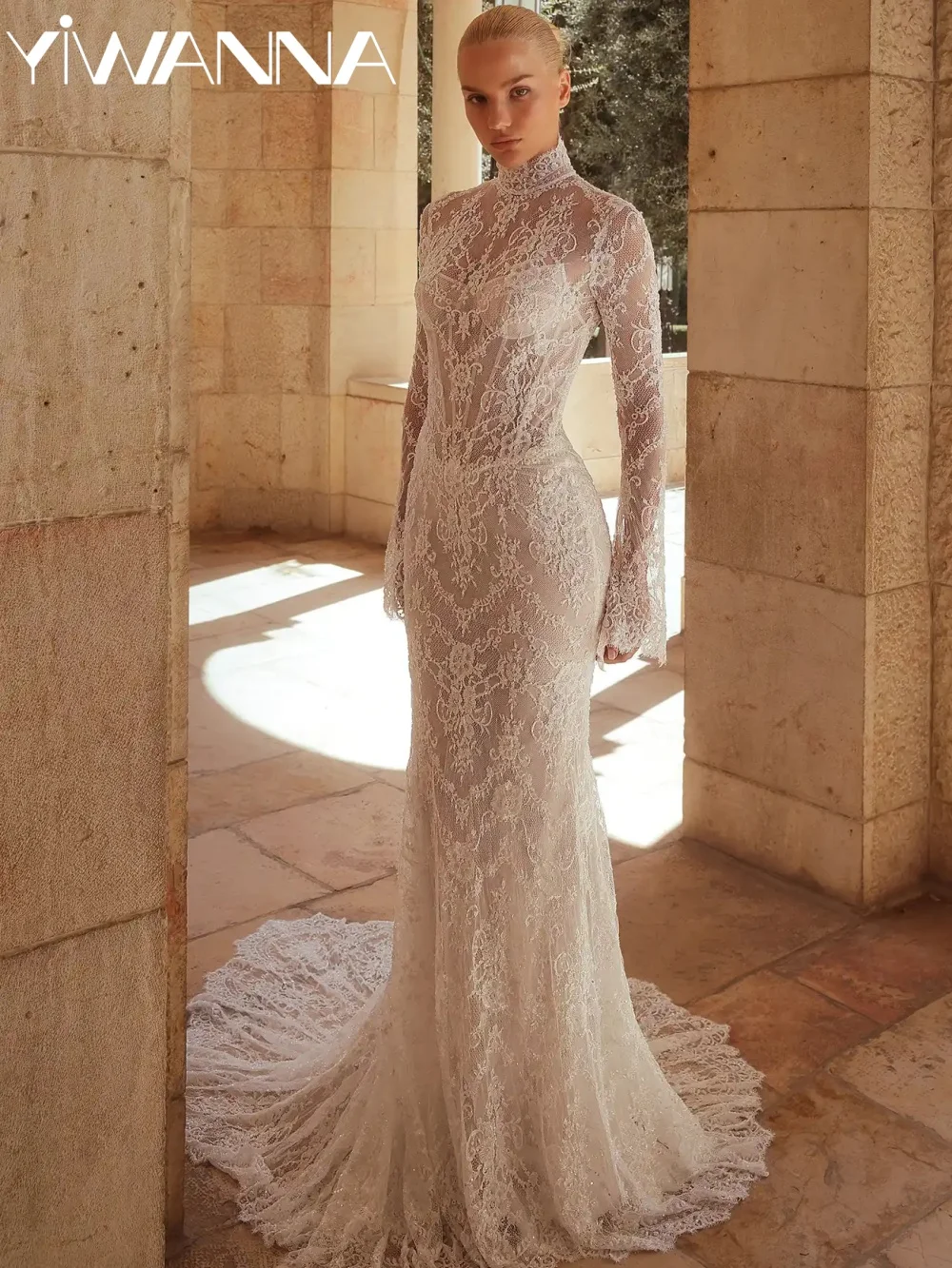 

Hand-beaded Lace Sheath Wedding Dress High Collar Long Bell Sleeves Bridal Gown Customized Sheer Open Back Dresses For Bride