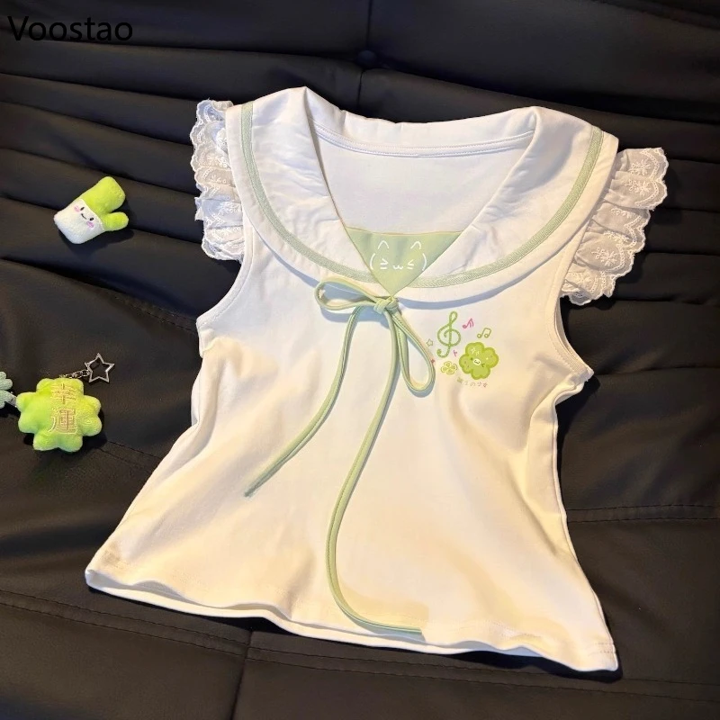 Japanese Sweet Lolita 2 Piece Sets Women Cute Sailor Collar Cartoon Print Lace T-shirts Tops Cake Mini Skirts Kawaii Y2k Outfits