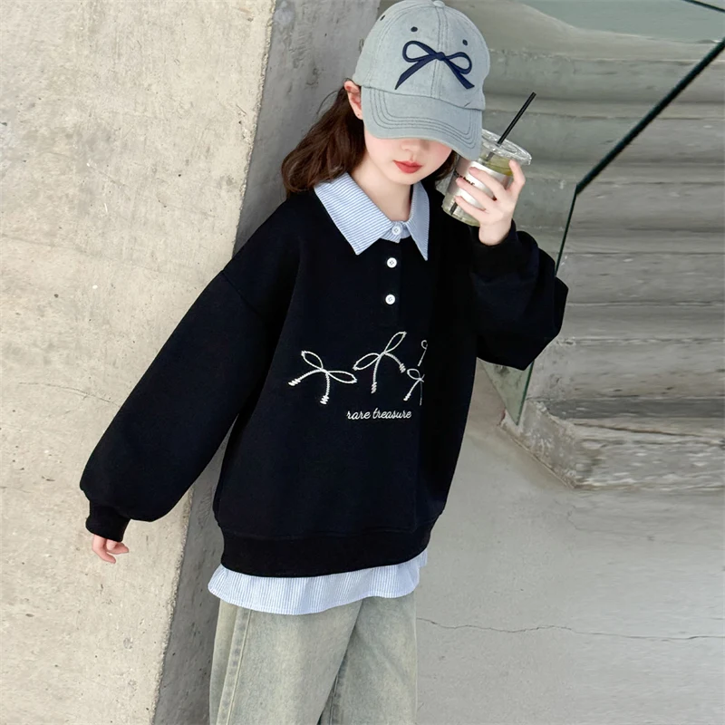 

2025 Spring and Autumn Girl Fake Two-piece Sweater Embroidered Sweater Fashion Hip Hop High Quality Girl