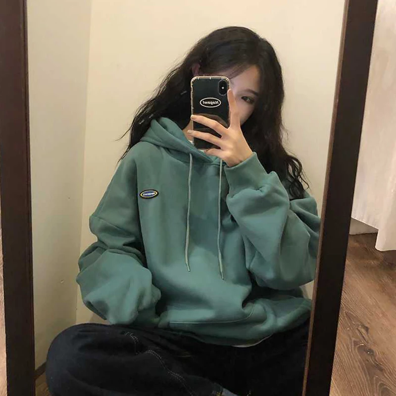 Korean Fashion Green Baggy Pullover Letter Printing Fleece Sweatshirt Casual Lazy Wind Raglan Sleeves Drawstring Hoodie Autumn