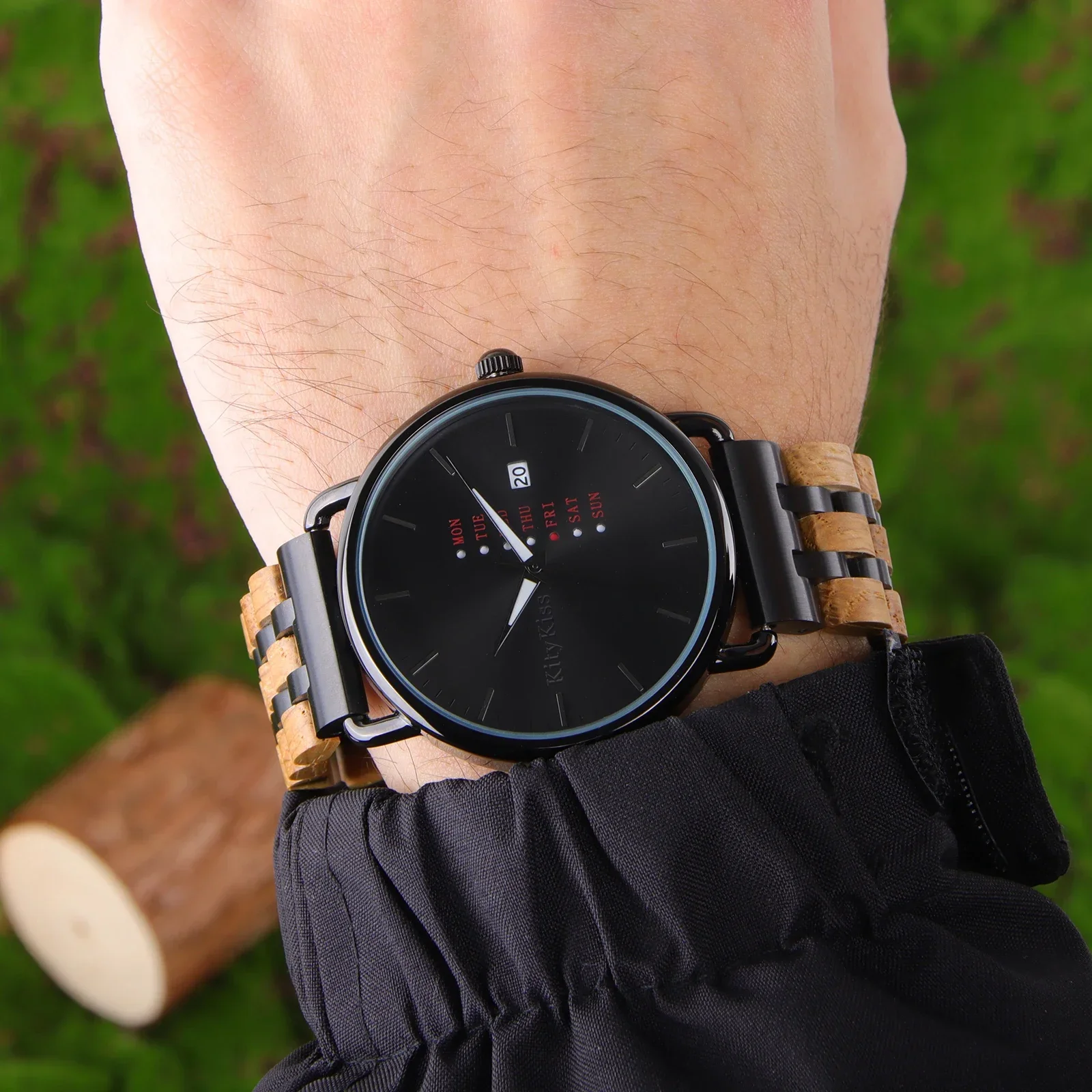 KityKiss Reloj fino de madera resistente al agua, reloj de cuarzo con fecha semanal para hombres y mujeres, aleación combinada con reloj de madera, embalaje de regalo
