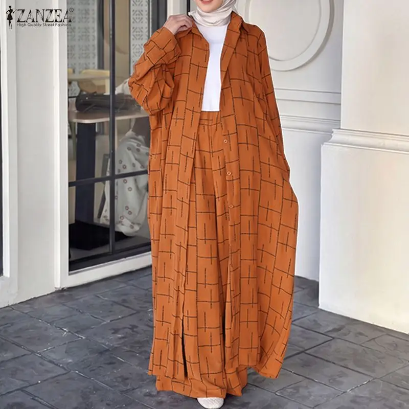ZANZEA Muslim Sets Fashion Long Sleeve Long Tops Wide Leg Pants Autumn Pants Sets Blusas 2PCS Oversize Two-piece Outfits