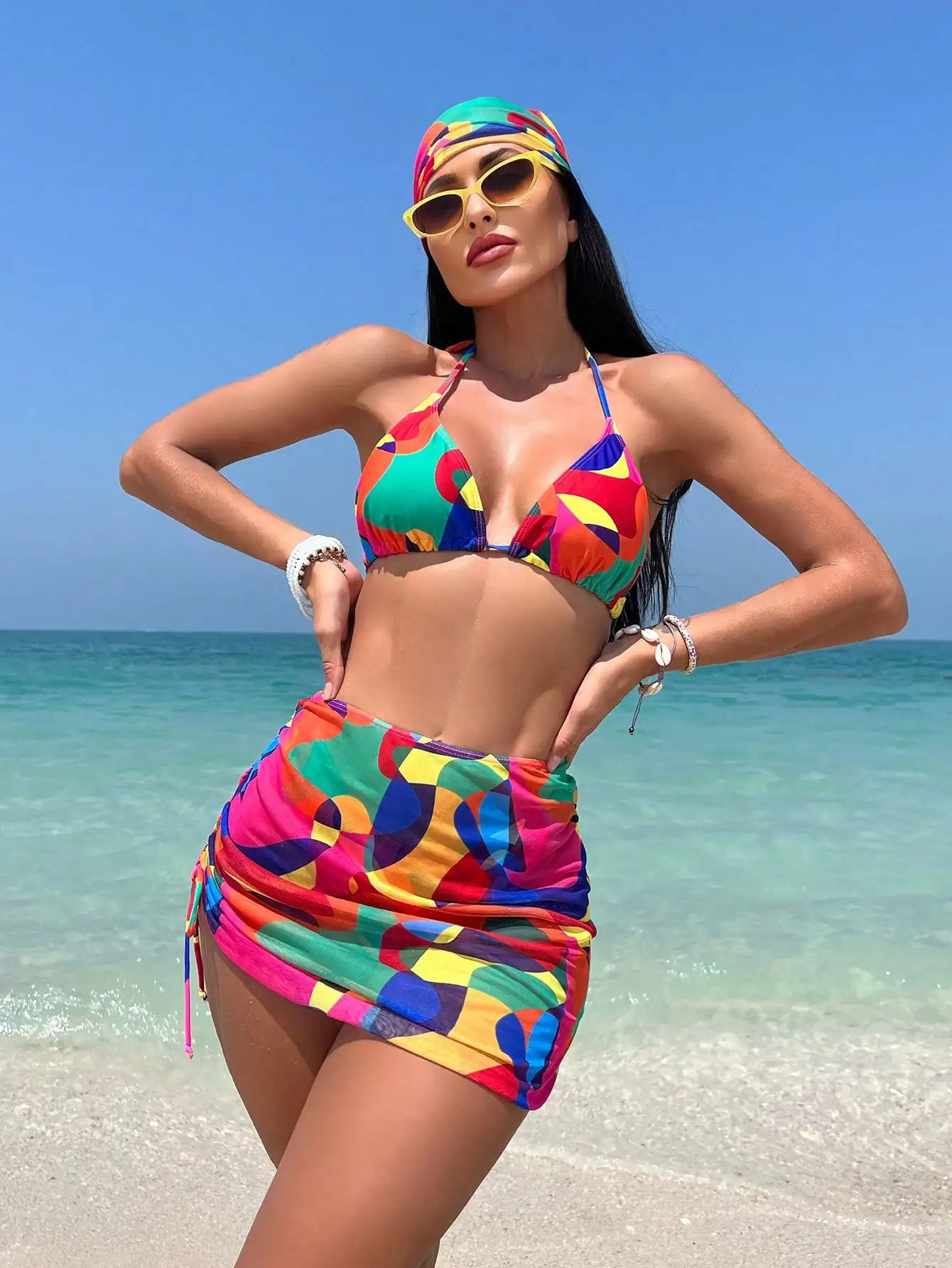 

Vibrant Abstract Print Halter Triangle Bikini Set With Matching Skirt And Headband For Women Beach Vacation