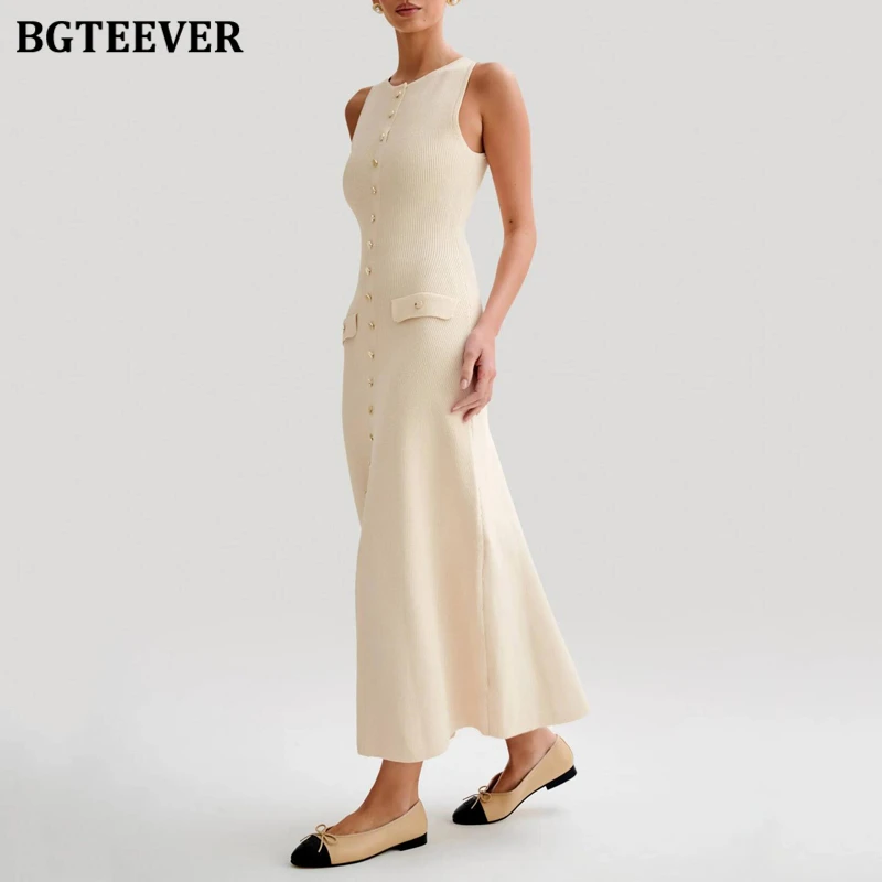 BGTEEVER elegante vestido de punto de un solo pecho con cuello redondo para mujer Primavera Verano vestido ajustado sin mangas para mujer