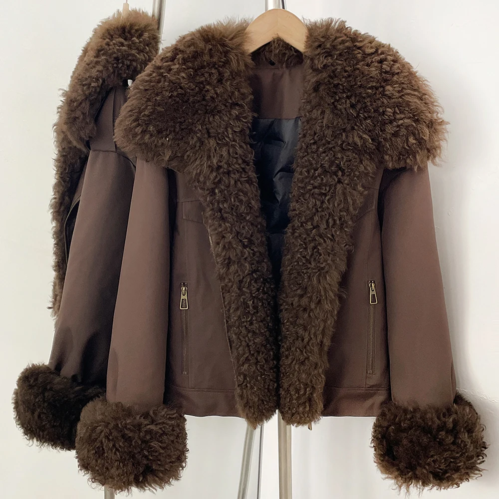 Natural Lamb Fur Coats Zipper Closure Thick Down Jackets for Women Warm Winter Lightweight Padded Jackets Stylish City Wear