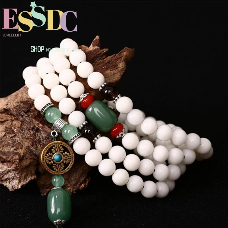 Wholesale Plaything 8mm Natural White Bodhi Seed  Handmade Buddhist 108 Mala Beaded Prayer Bracelet Women Jewelry