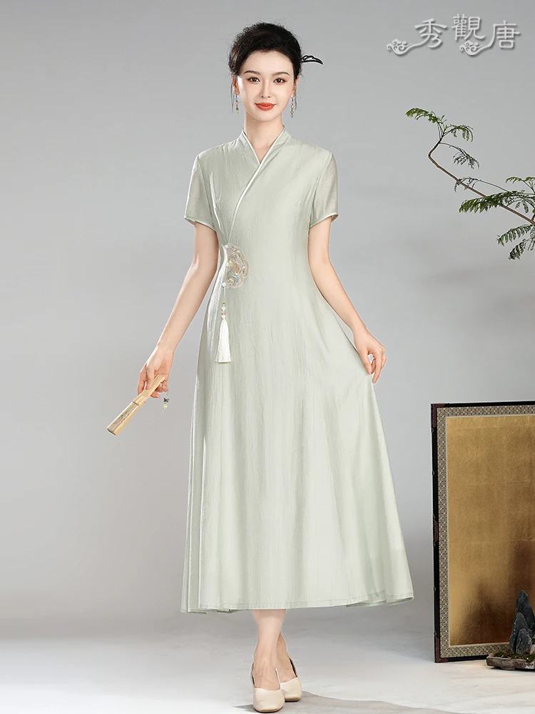 

Xiu Guan Tang Qing Cui 2025 Летняя новинка: улучшенная китайская вышитая блузка с воротником Хань из смесового хлопка для повседневной носки