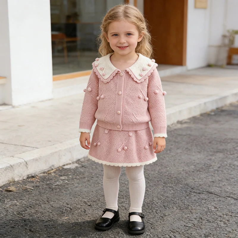 2026 New Spring 2-6Yrs Baby Girls Clothing Set Children Knitted Clothes Suit Long Sleeved Knitted Cardigan+Short Skirt