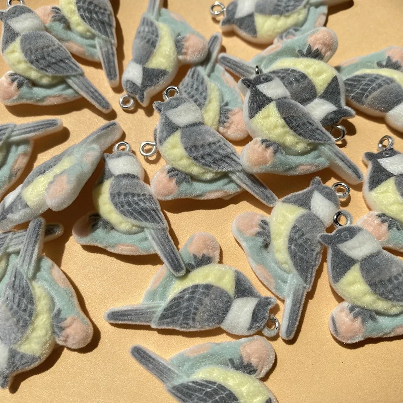 30pcs/Pack Flatback Flocking Sparrows Resin Charms Bulk Wholesale Cute Bird Pendant Diy For Earring Necklace Winter Jewelry Make