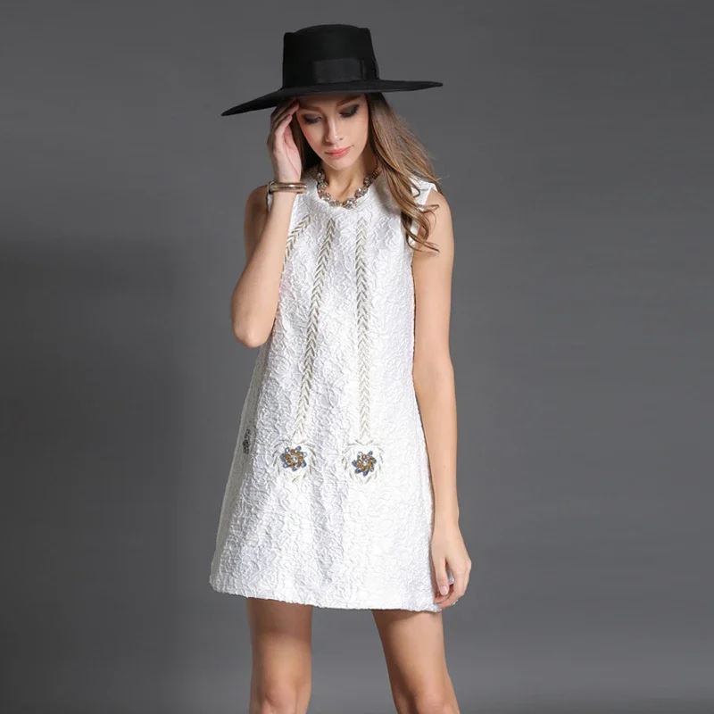럭셔리 사용자 정의 여성 드레스 가을 자카드 섬세한 자수 다이아몬드 민소매 탱크 a 라인 느슨한 허리 미니 드레스 OM629