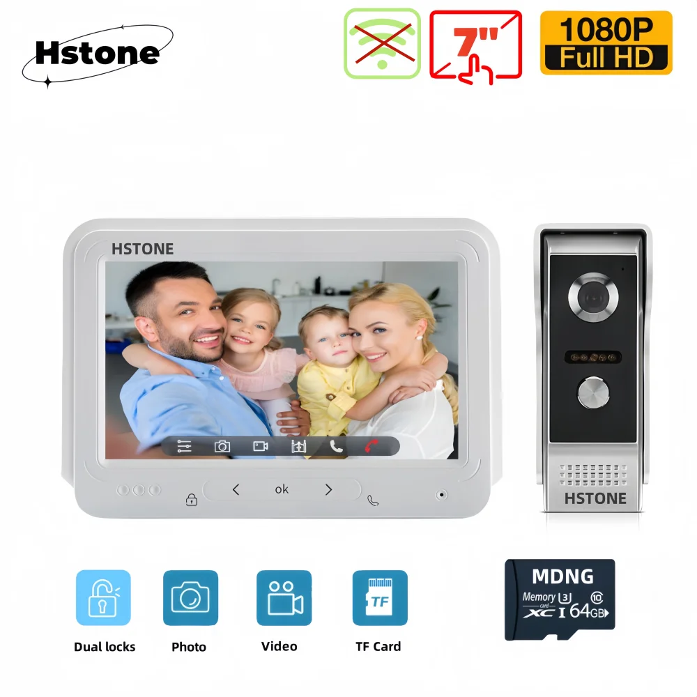 7 Inch Wired Video Doorphone Intercom Systems HD1080P Night Vision Photo&Video Recording Two locks Contral Apartment Doorbell