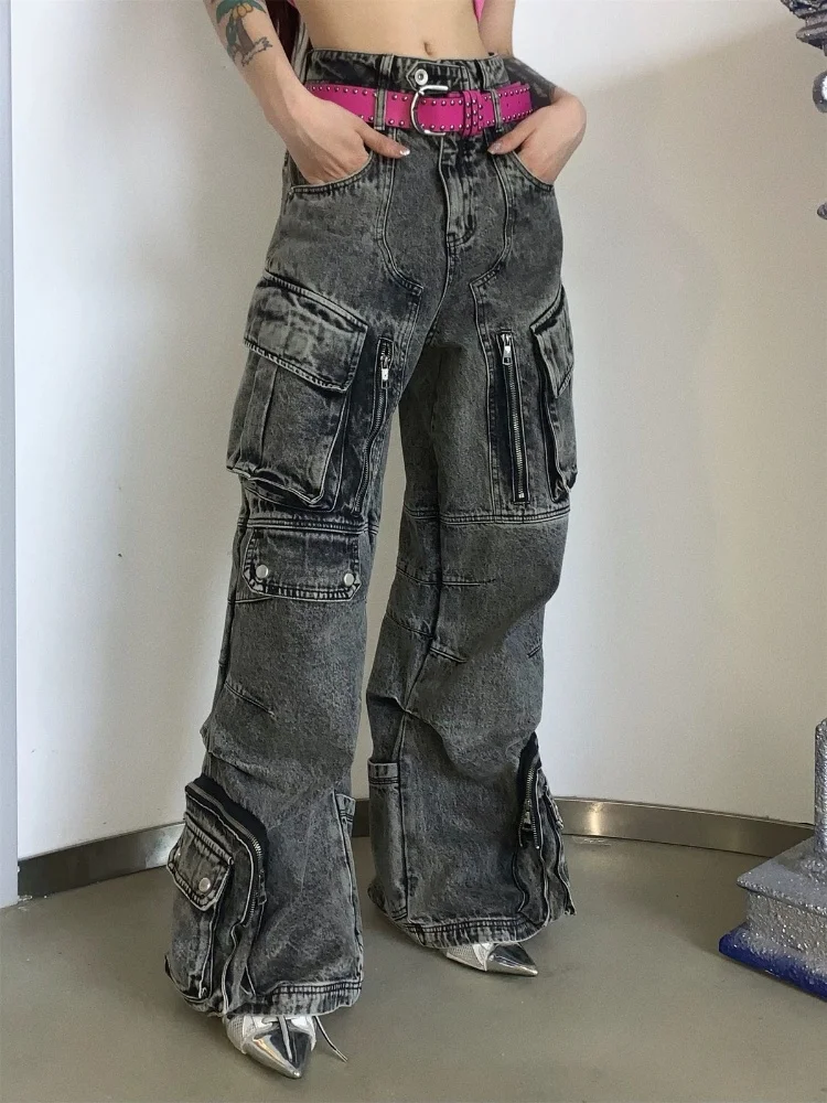 Trashy Y2K 2000S Streetwear Vintage Grey Baggy Pleated Cargo Jeans Pants For Women Clothing Multi Pockets Wide Leg Lady Trousers