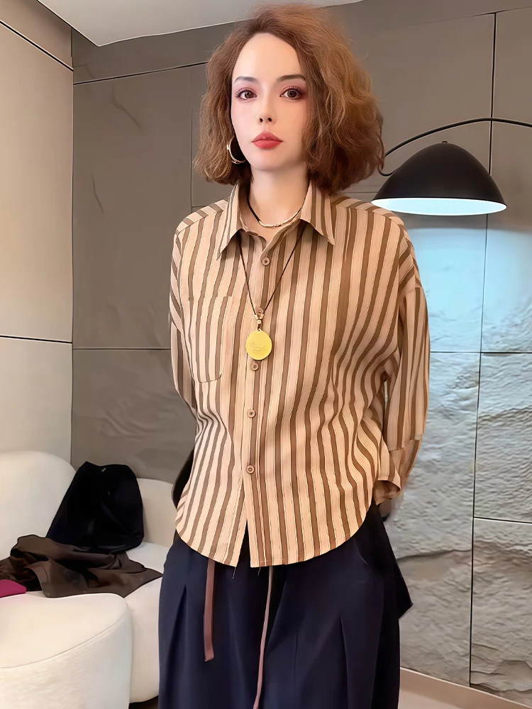 Haut Long rayé à la mode pour femmes, irt Faionable Street Sle, Vintage, coupe ample, couleur, col montant, boutonné