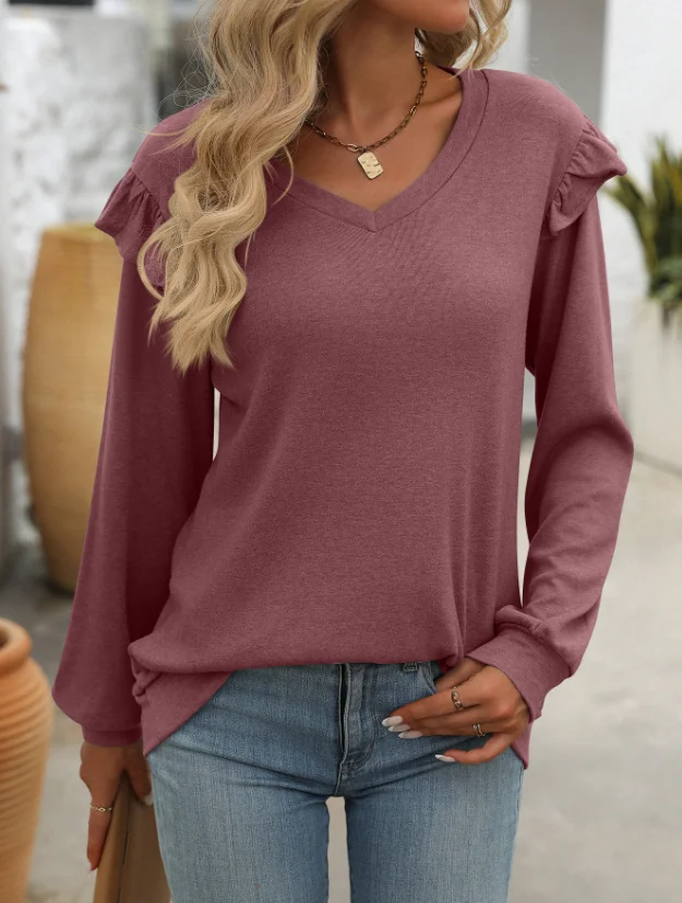 Women's Cut Style Pullover 2025 Autumn Winter Latest Loose Flying Sleeves V-Neck T-Shirt Ear Fun Edge Long Sleeved Blouses Top