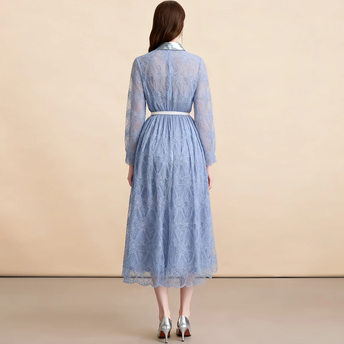 Elegant Long Sleeve  Collar Lace Dress Women's High Waist Slim Fit Midi Dress Single Button Closure Polka Dot Print