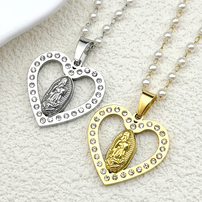 

Rhinestones Heart Shaped Virgin Mary Pendant Charm Necklace For Women Girls Stainless Steel Imitation Pearls Chain Jewelry Gift