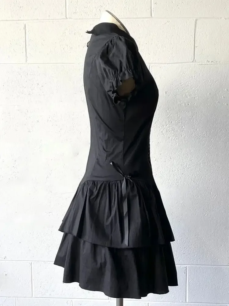 Y2k vintage camisa de renda preta vestido para mulheres cintura fina vestidos all-match 2025 verão nova manga curta vestidos de mujer