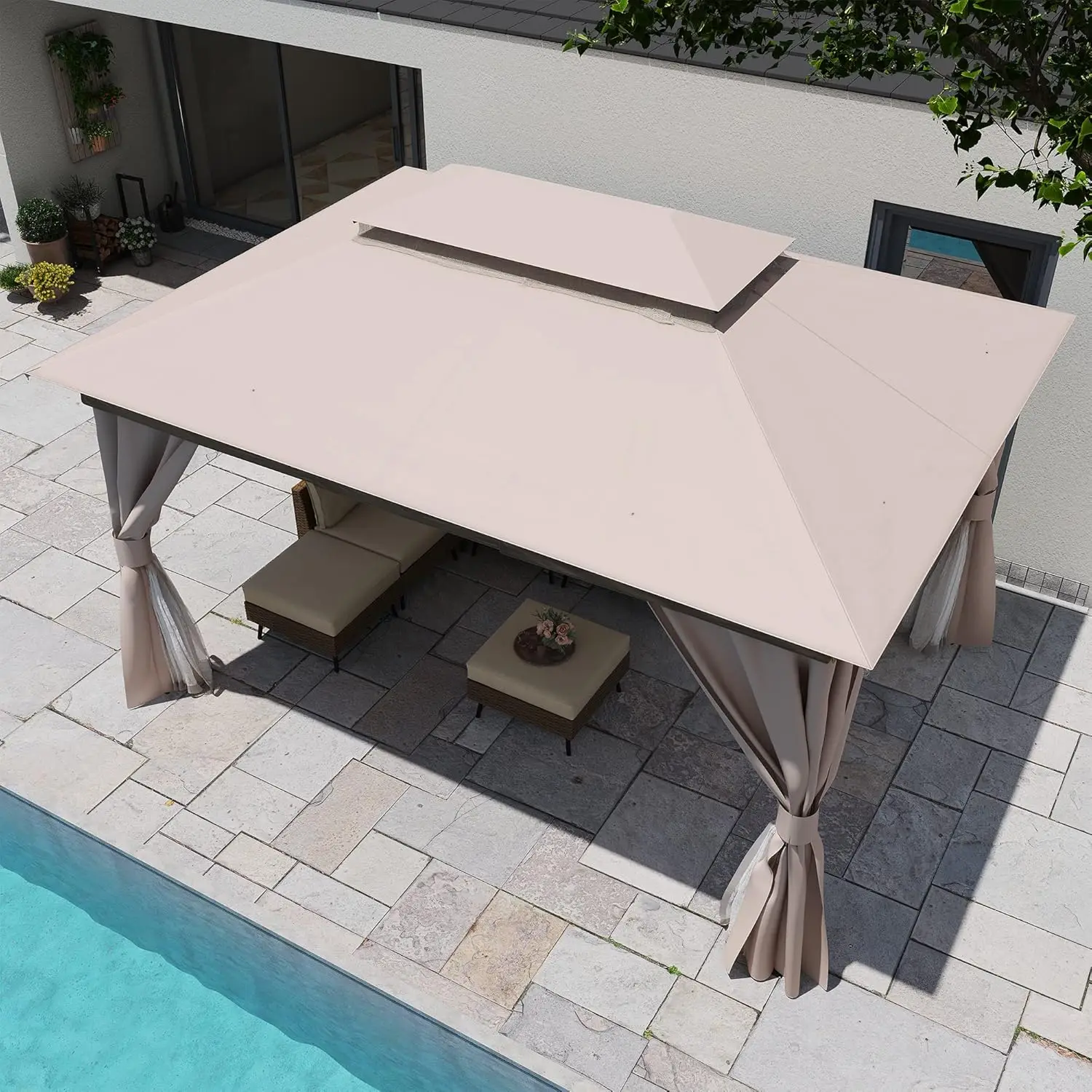 Heavy Duty Khaki Outdoor Patio Gazebo for Backyard, Garden, Lawn with Double Roofs, Mosquito Nettings and Privacy Screens