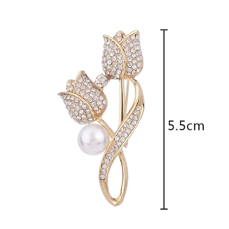 Imitação de pérola tulipa flor broches para mulheres elegante strass floral bouquet lapela pinos festa de casamento distintivo jóias