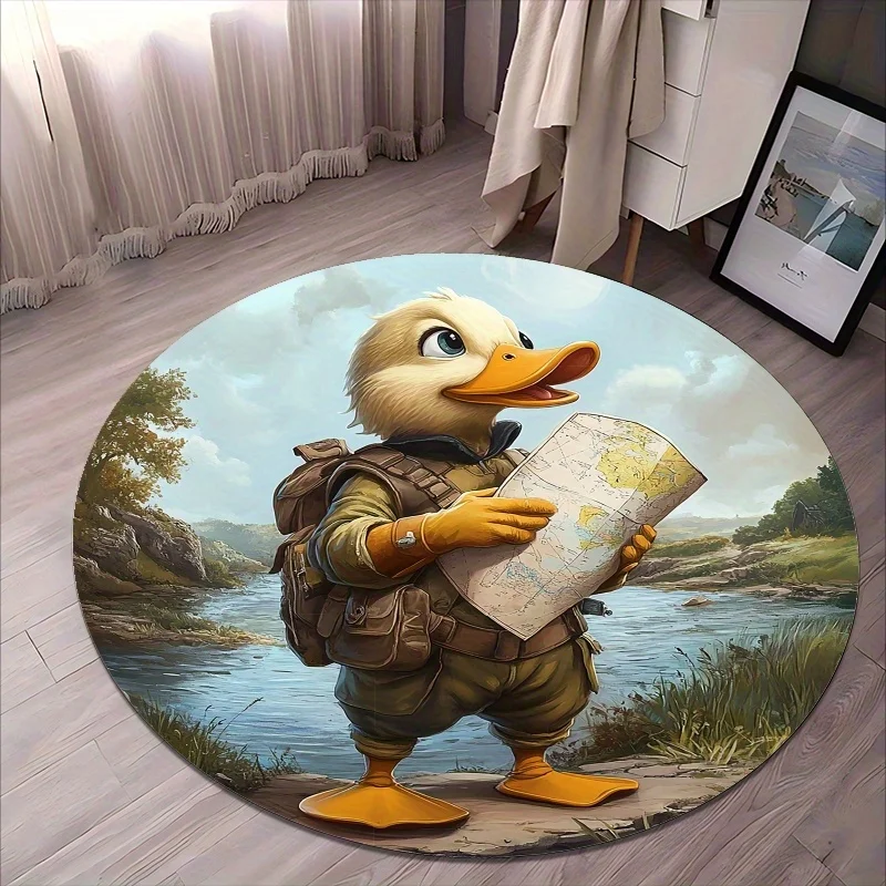 Tapis de sol ronds imprimés en flanelle avec motif de canard explorateur, antidérapants, adaptés au salon, à la chambre à coucher, à la terrasse, au jardin