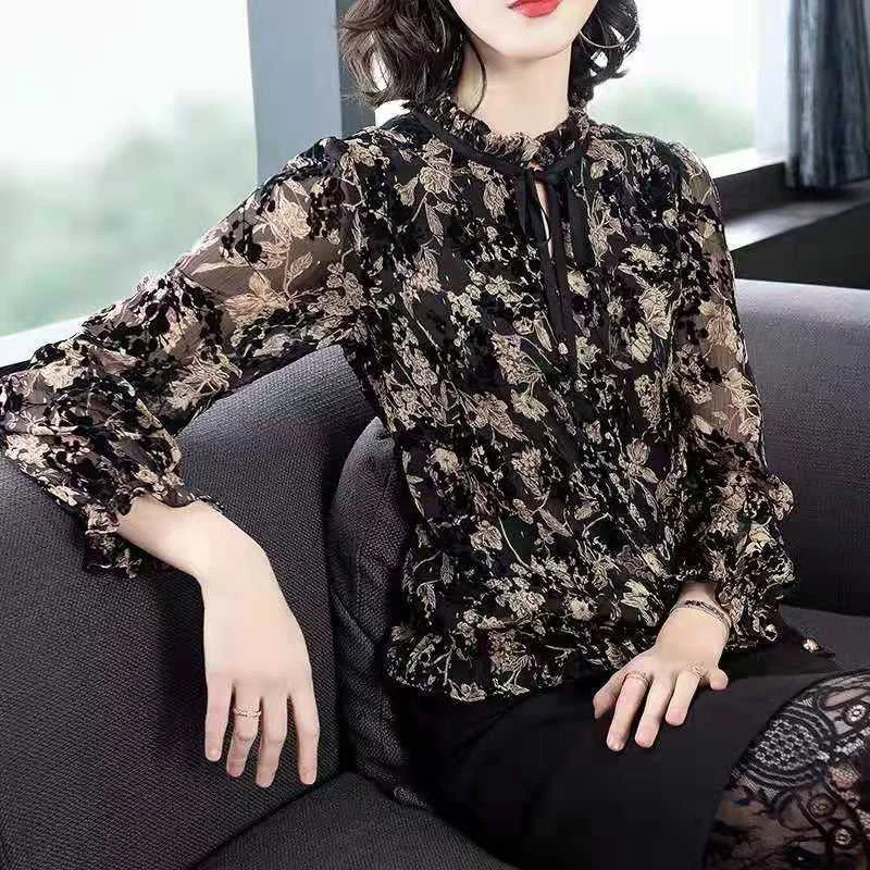 Vintage Printed Ruffles Lace Up Bow Floral Blouse Women\'s Clothing 2023 Autumn New Casual Pullovers Chiffon Office Lady Shirt