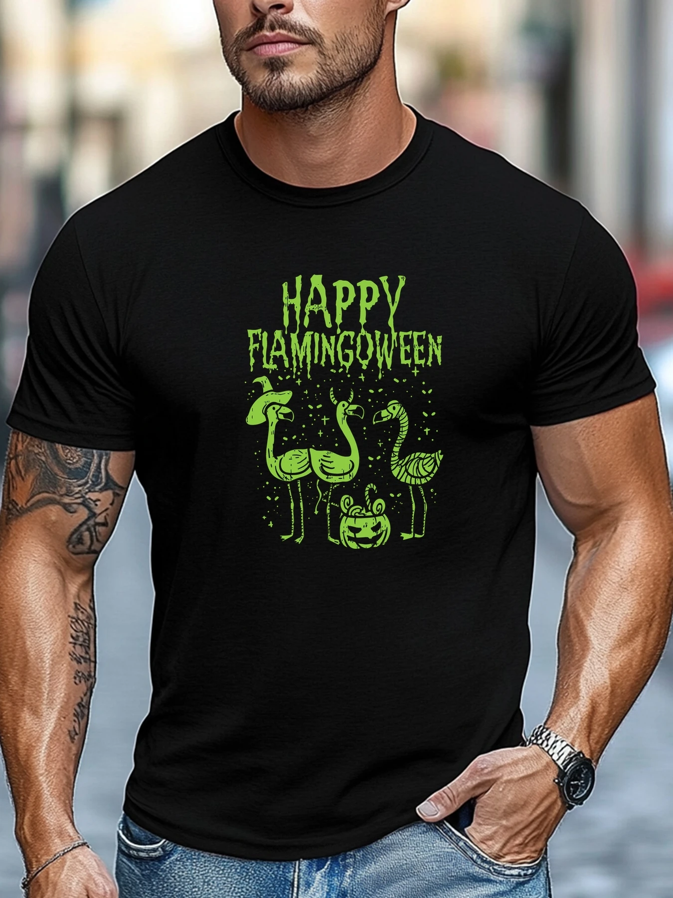 

Летняя футболка человек HAPPY FLAMINGOWEEN Graphic 100% хлопок мягкий комфорт крой круглый шеи Повседневная дышащая футболка топы