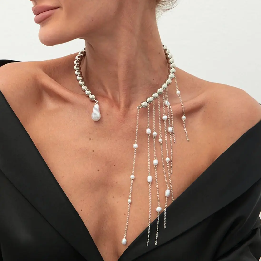 Ingemark Trendy Imitation Pearl Tassels Open Choker Necklace For Women Unique CCB Beads Torques Collar Chain Jewelry Accessories