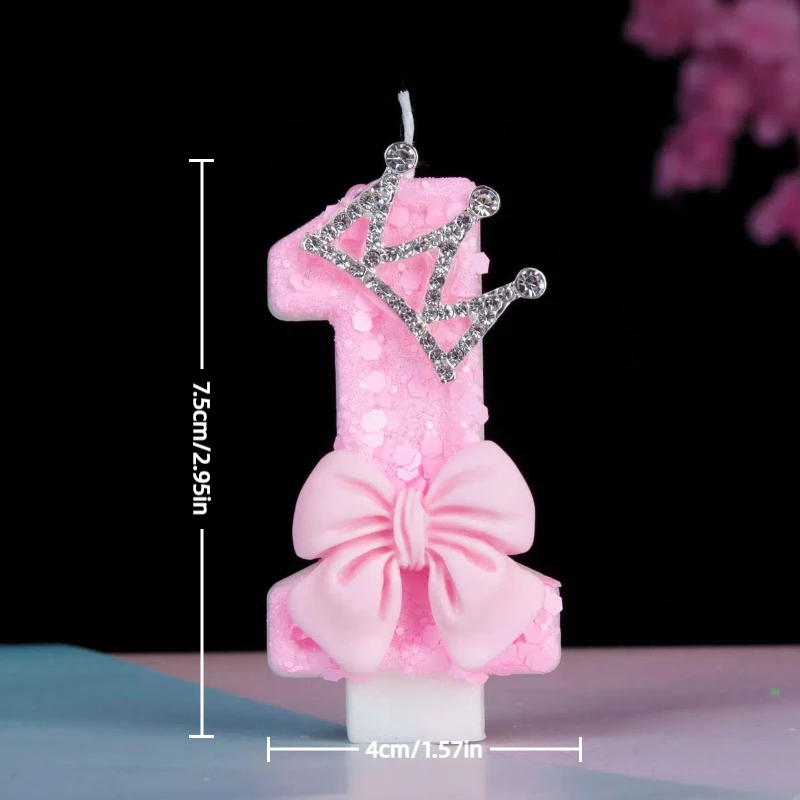 Rosa Zahlen-Geburtstagskerze mit Krone & Schleife, Glitzer 0-9 Digitaler Kuchenaufsatz für Prinzessinnen-Mädchen Kindergeburtstags-Partydekoration S – Detail 1