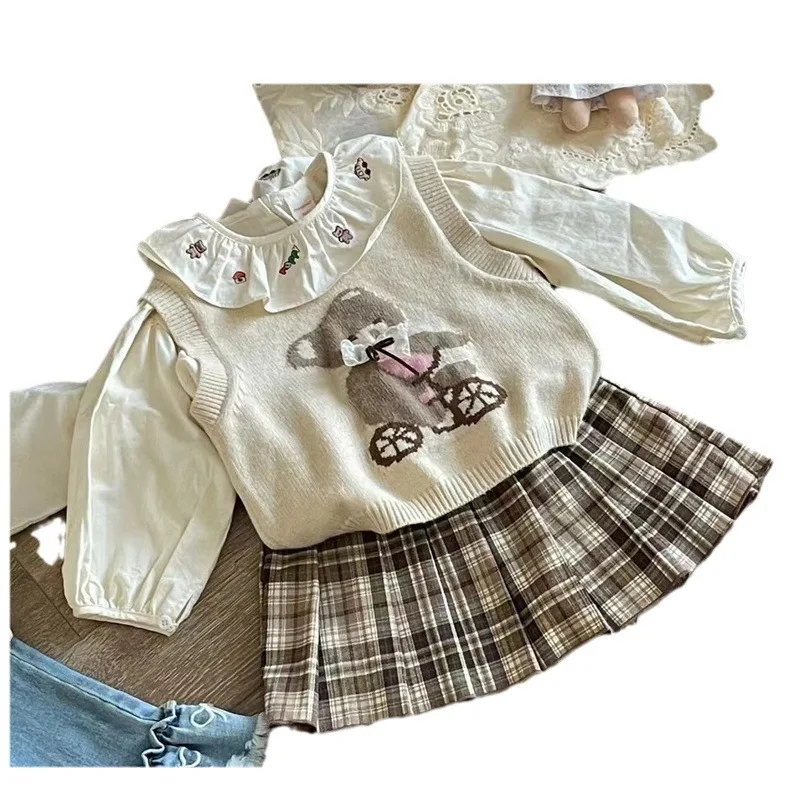 Autumn Baby Girls 3PCS Clothes Set Cotton Embroidery Collar Shirts Bear Knitted Vest Plaid Pleated Skirts Suit Kids Girl Outfit