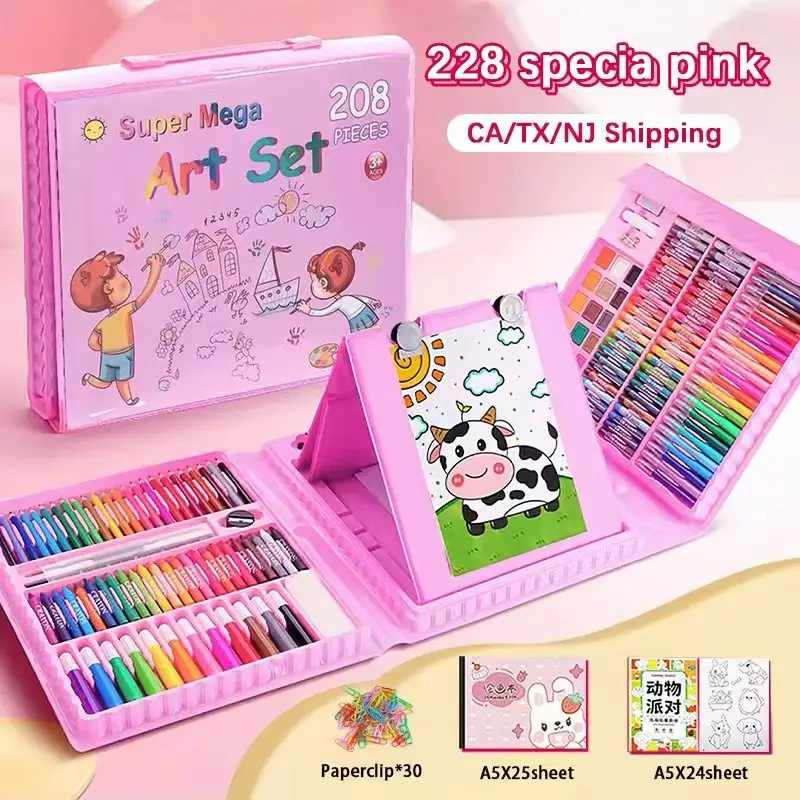 228-Piece Art Supplies Kit for Kids - Painting Art Set Includes Oil Pastels Wax Crayons Color Pencils Acrylic Markers Watercolor Pens Artist Gifts Pink Coloring Tools for Children's Art Board Ideal Easter & Children's Day Gifts