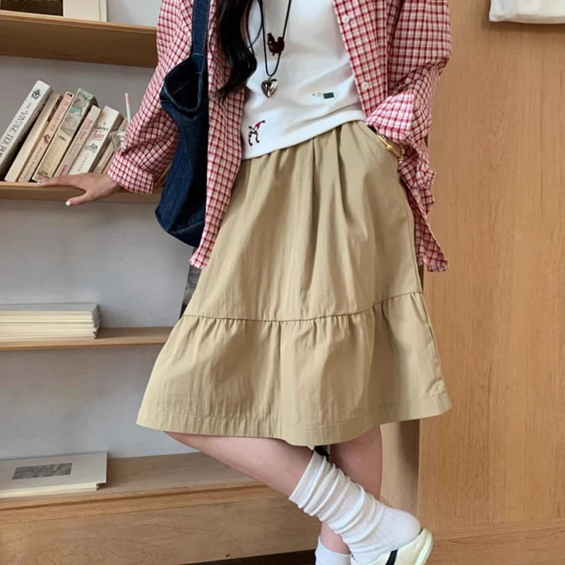 Japanese Style Elastic Waist A Line Skirt Women Summer High Waisted Knee High Skirts Woman College Pocket Solid Color Skirt