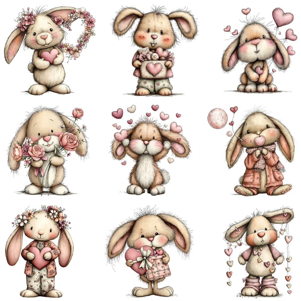 15cm Quirky Valentine Day Bunny Rabbit Heart Love Iron On Transfer Stickers Diy DTF Heat Transfer Sticker T-shirt Clothes Decals