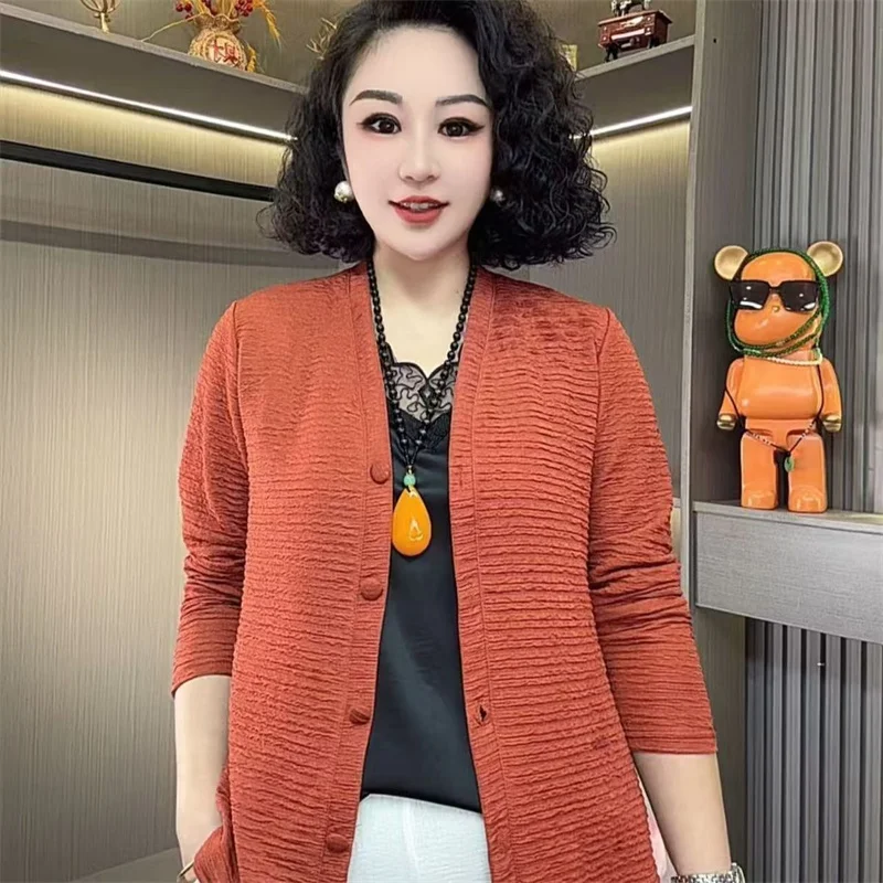 Middle-Aged Mothers Cardigan Coat Women 2025 Spring Autumn New Ladies Jacket Thin Bottoming Shirts Plus Size 5XL Outerwear Top