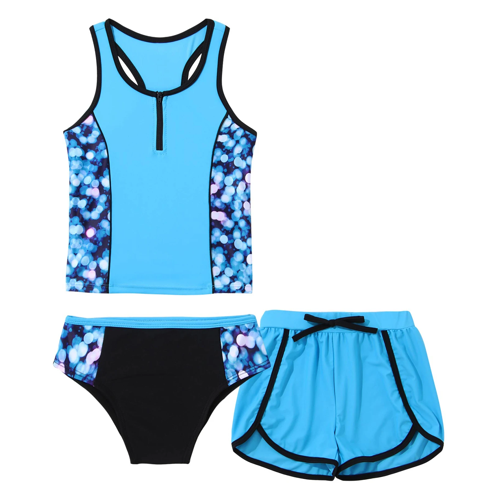 3Pcs Kids Girls Printed Swimming Suit Swimwear Sleeveless Racer Back Tops with Shorts and Briefs Set for Beach Swimming Bathing