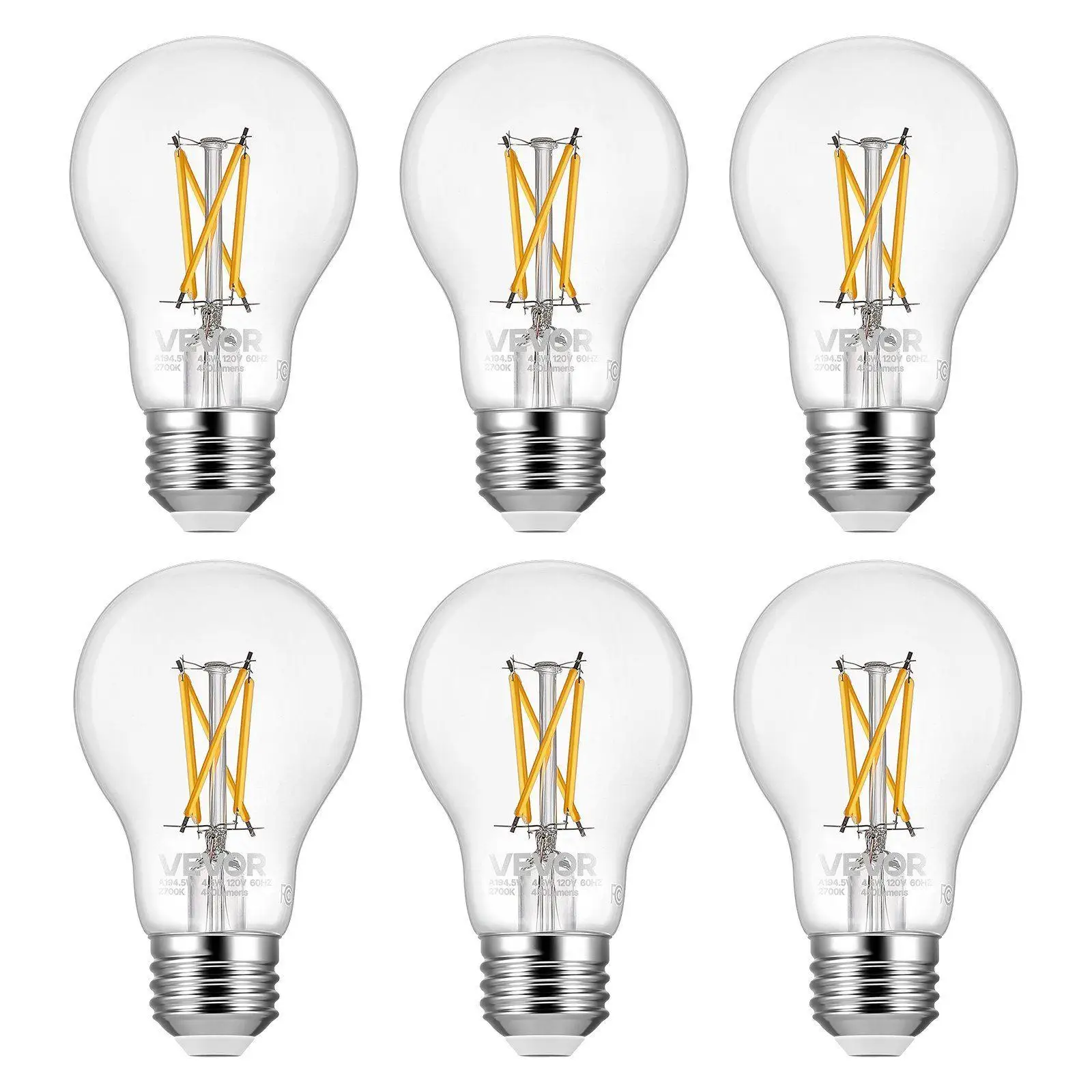 Set di lampadine LED Edison da 6 pezzi A19 4,5 W 450Lm 2700K Base E26 dimmerabile a luce calda e morbida adatta a vari apparecchi