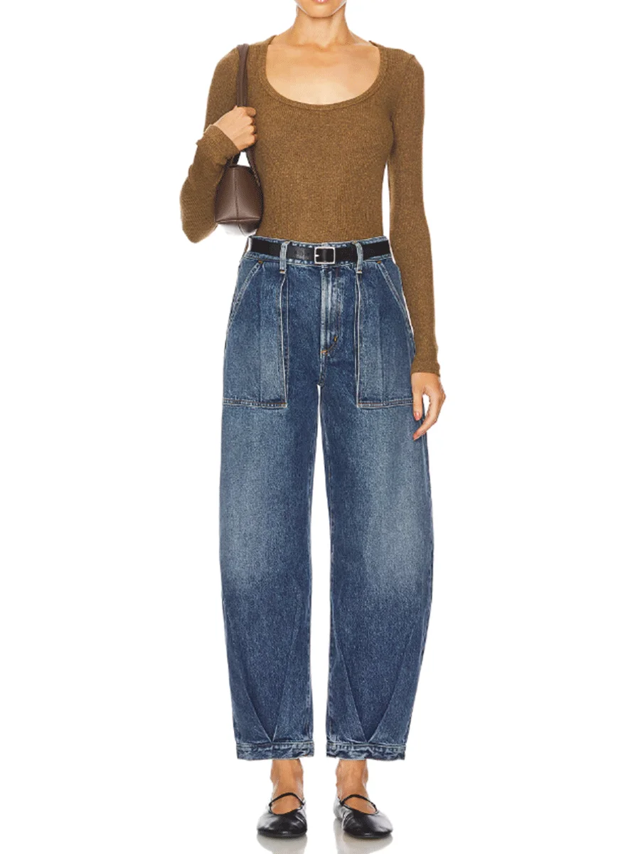 

Женские модные потертые синие джинсы в стиле ретро с большими карманами и плиссированным дизайном, неэластичные повседневные свободные удобные джинсы-бананы с девятью кредитными карманами