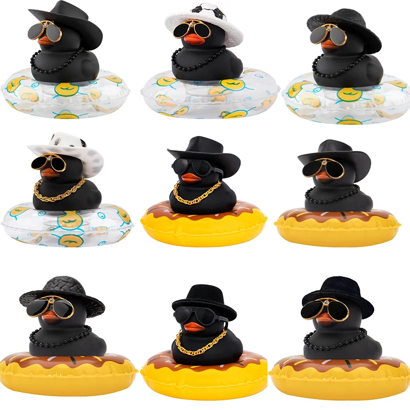 

Car Dashboard Black Rubber Duck Ornament, Car Decoration Colour Ducks Accessories with Mini Hat Necklace and Sunglasses Rubber D