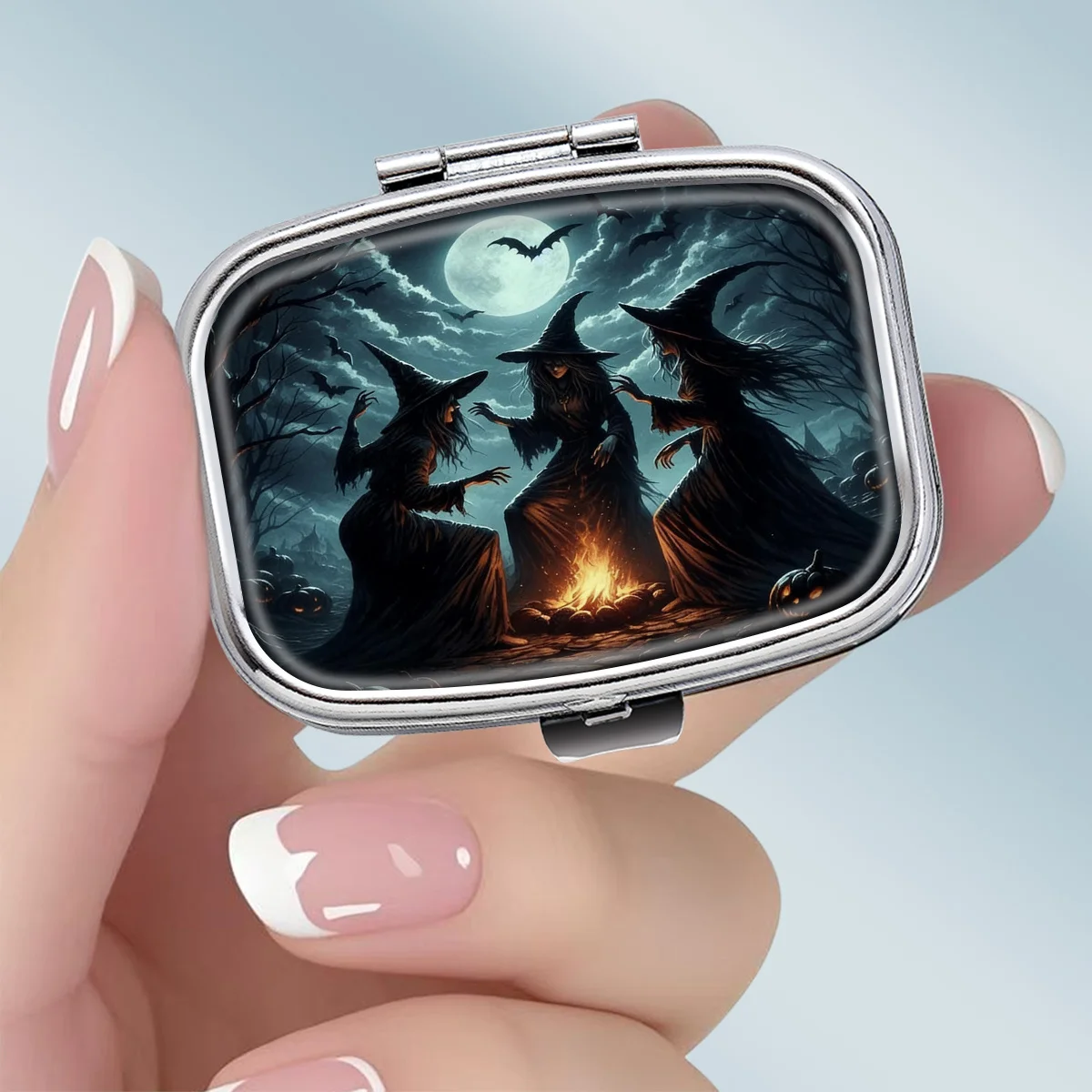 Double-Compartment Square Pill Box, 1-Pack, Decorated with a Dark Magic Witch Party Design - Portable Medicine and Vitamin Storage Box, Suitable for Handheld Use or Travel, Unique Pocket-Sized Gift, Wallet-Style Pill Box